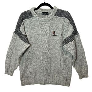 St. Michael Italy Ski Embroidered Cable Knit Gray Sweater Men's XS (42) Vtg 90s